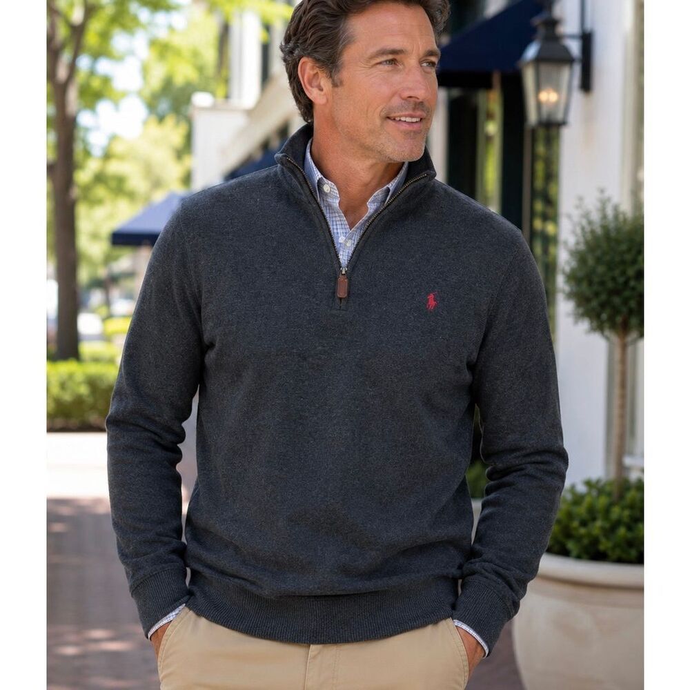 Polo Ralph Lauren Men’s Gray Cotton Quarter Zip Sweater Red Pony Sz Large Heavyw